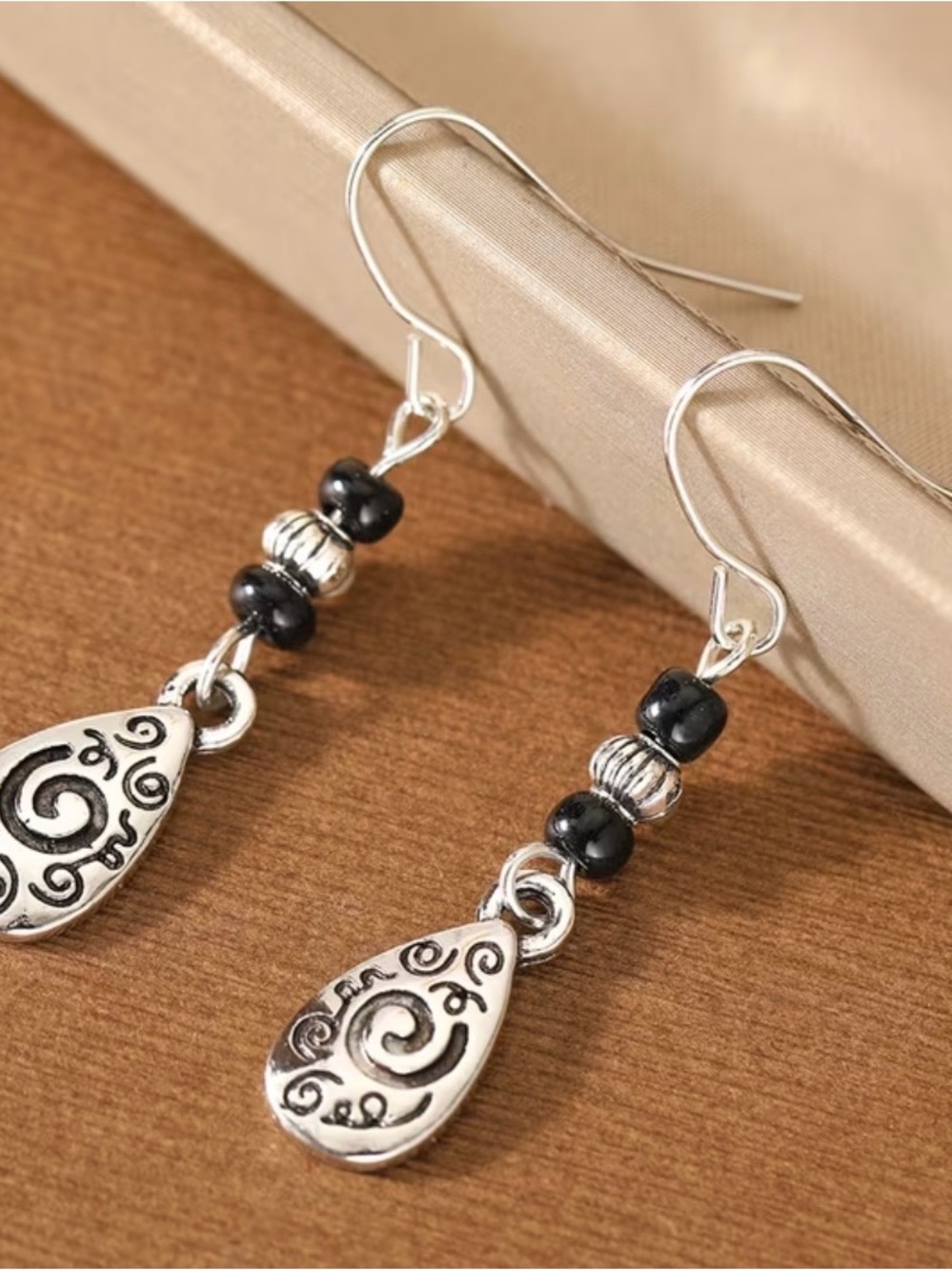 Silver-Tone Black Bead Drop Earrings with Filigree Teardrops